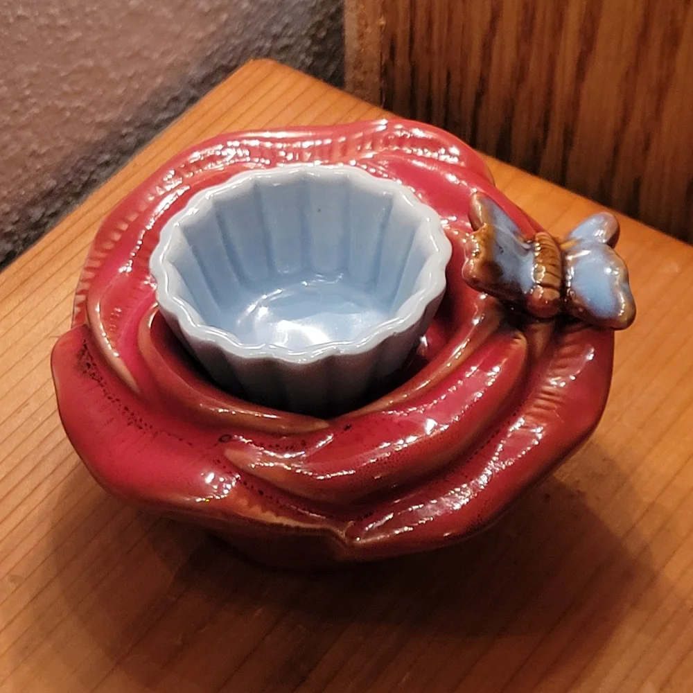 Vtg Ceramic Butterfly Flower Votive Candle Holder Removable Inner Ceramic Liner